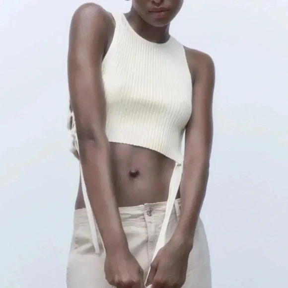 Zara-ribbed Crop top Oyster white - Picture 1 of 7